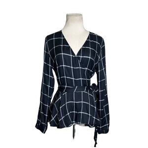 Loft black plaid long sleeves wrap blouse size Small